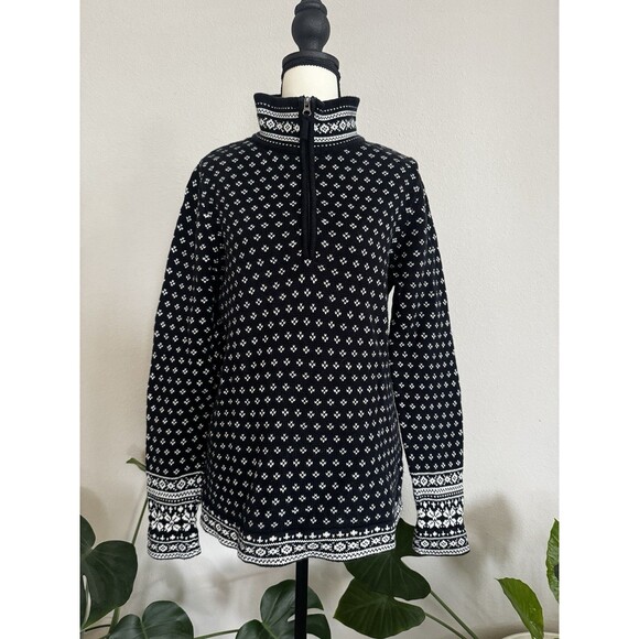 L.L.Bean Women’s Black Cotton Nordic 1/4 Zip Sweater M Fair Isle Knit - Picture 2 of 14